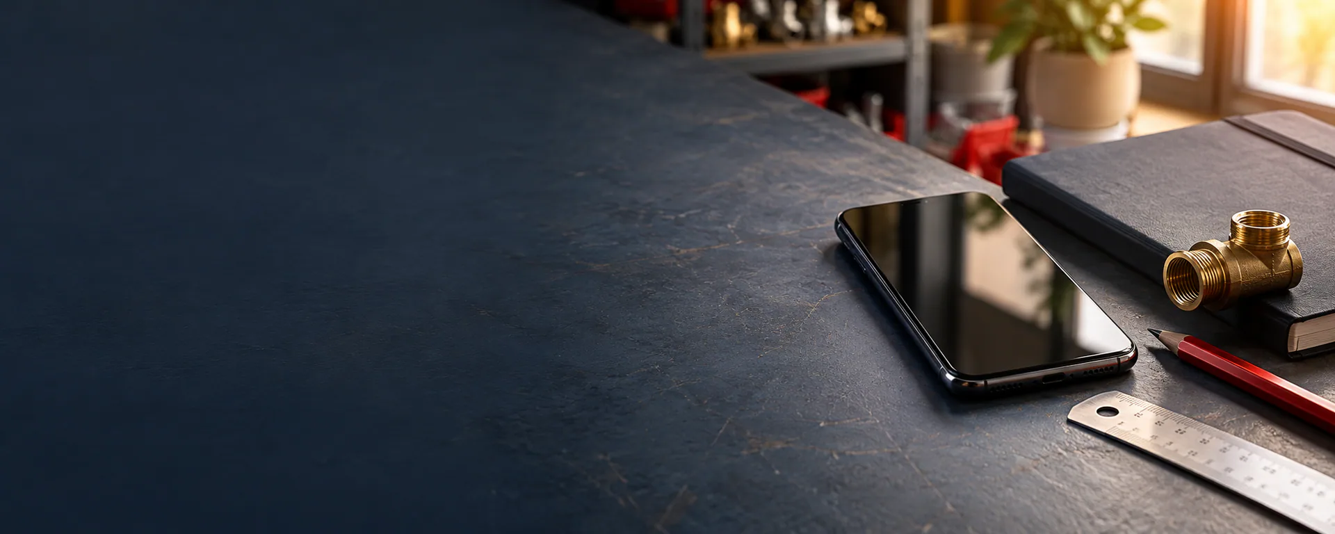 Composición editorial de teléfono, libreta y conexión de fontanería sobre una mesa